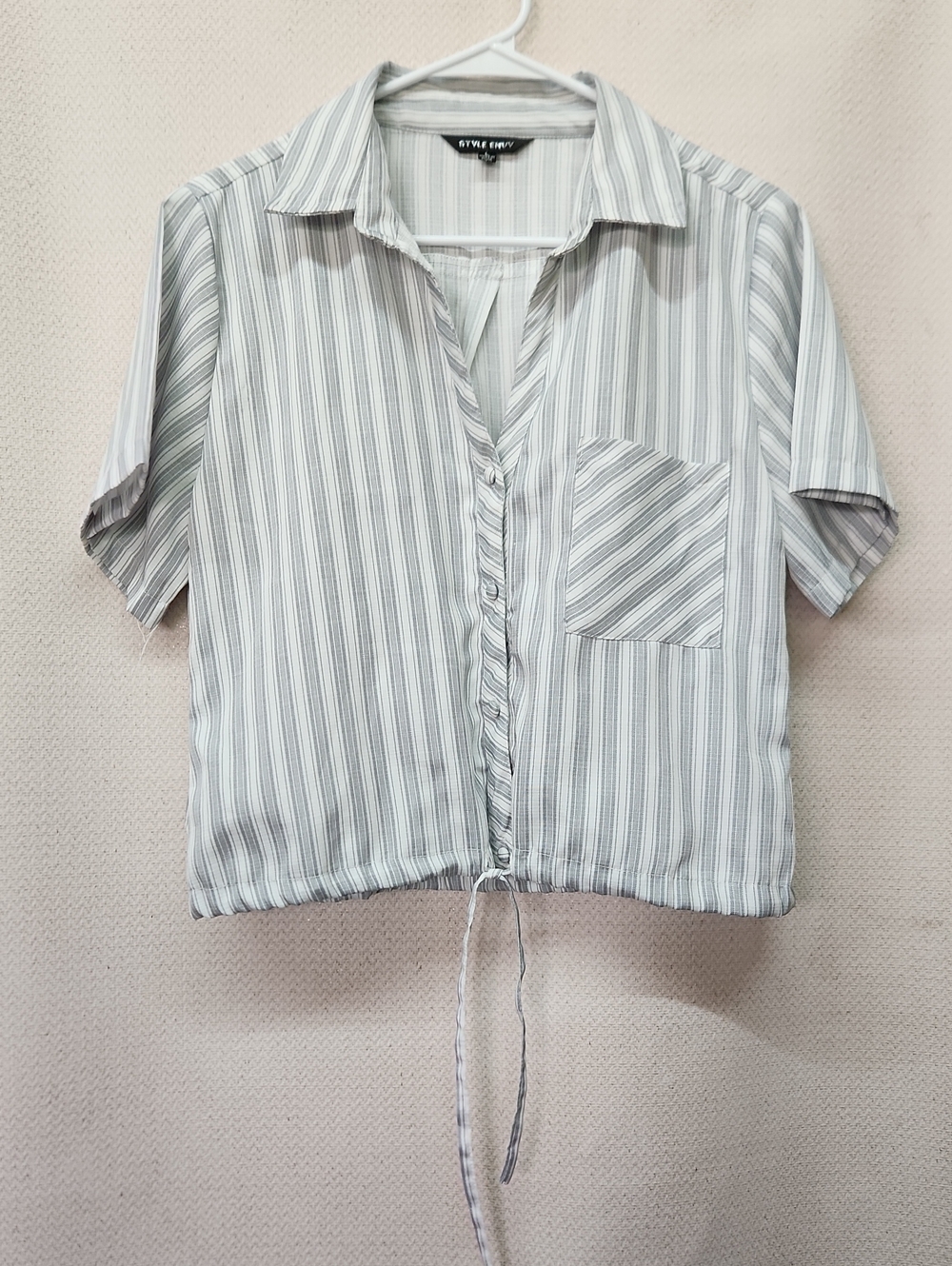 Style Envy Light Gray and White Striped Short-Sleeve Button-Down